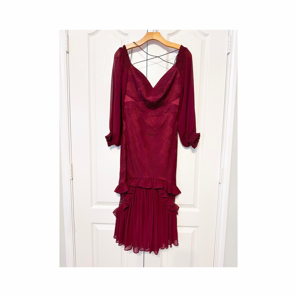 Three Floor Burgundy Lace Ruffle MIDI Dress Size US 2